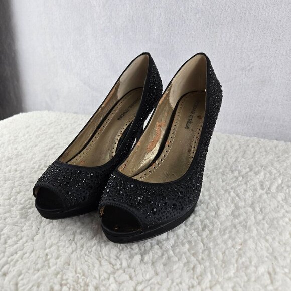 Embellished Black Evening Pump Sz 7.5 Adrienne Vittadini Open Toe 3" Heel Formal - Picture 6 of 16